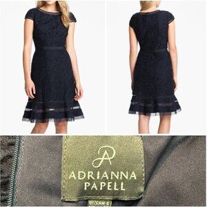 Adrianna Papell Lace Fit & Flare Dress Navy Blue women tie lance luxury size 6